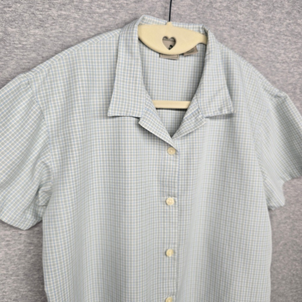 L.L. Bean Womens Blue Plaid Short Sleeve Button Up Camp Shirt Medium Gorpcore